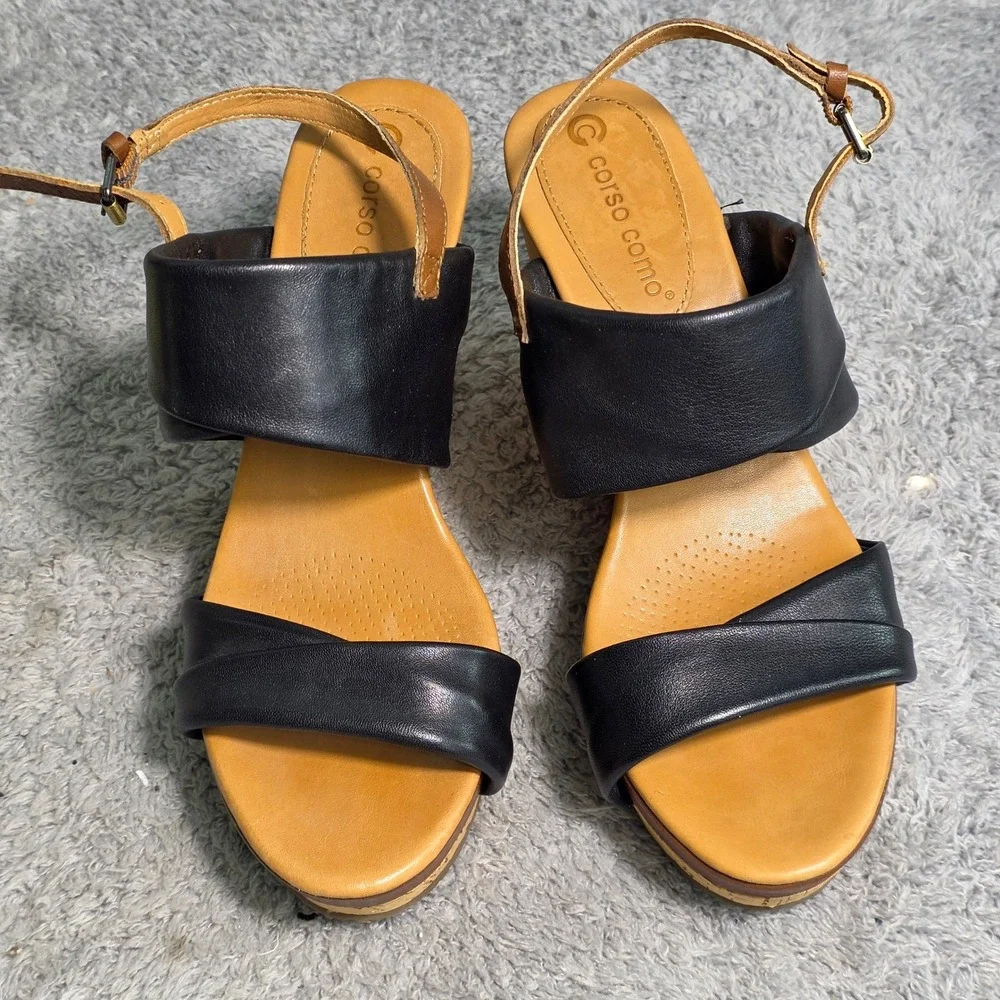 Corso Como Wedge Sandal Black‎ Buttery Leather Cork High  Women 6.5M Excellent